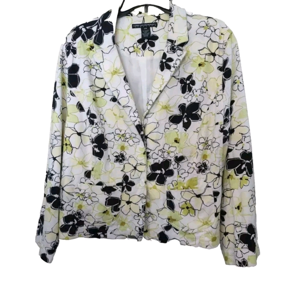 Larry Levine Woman Blazer Floral Jacket Sz 20W Black Green White Long Sleeve...